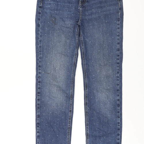Marks and Spencer Womens Blue Cotton Straight Jeans Size 12 L31 in Regular Zip - Rhinestone Detail