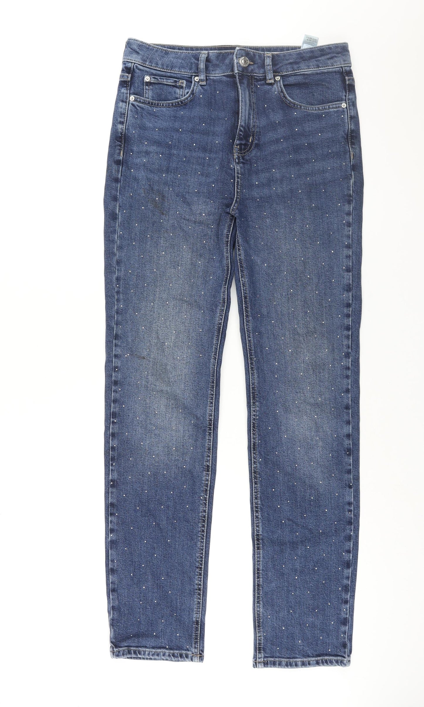 Marks and Spencer Womens Blue Cotton Straight Jeans Size 12 L31 in Regular Zip - Rhinestone Detail