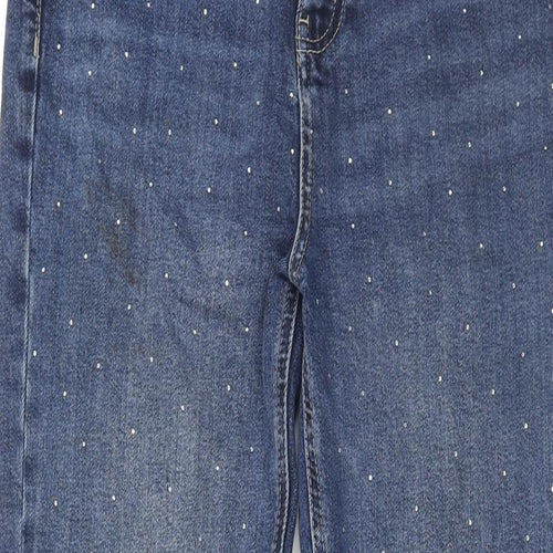 Marks and Spencer Womens Blue Cotton Straight Jeans Size 12 L31 in Regular Zip - Rhinestone Detail