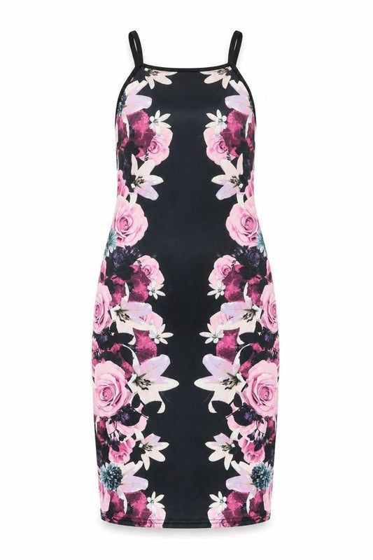 Front view of Miss Selfridge women’s multicoloured floral polyester bodycon, size UK 6, square neck pullover