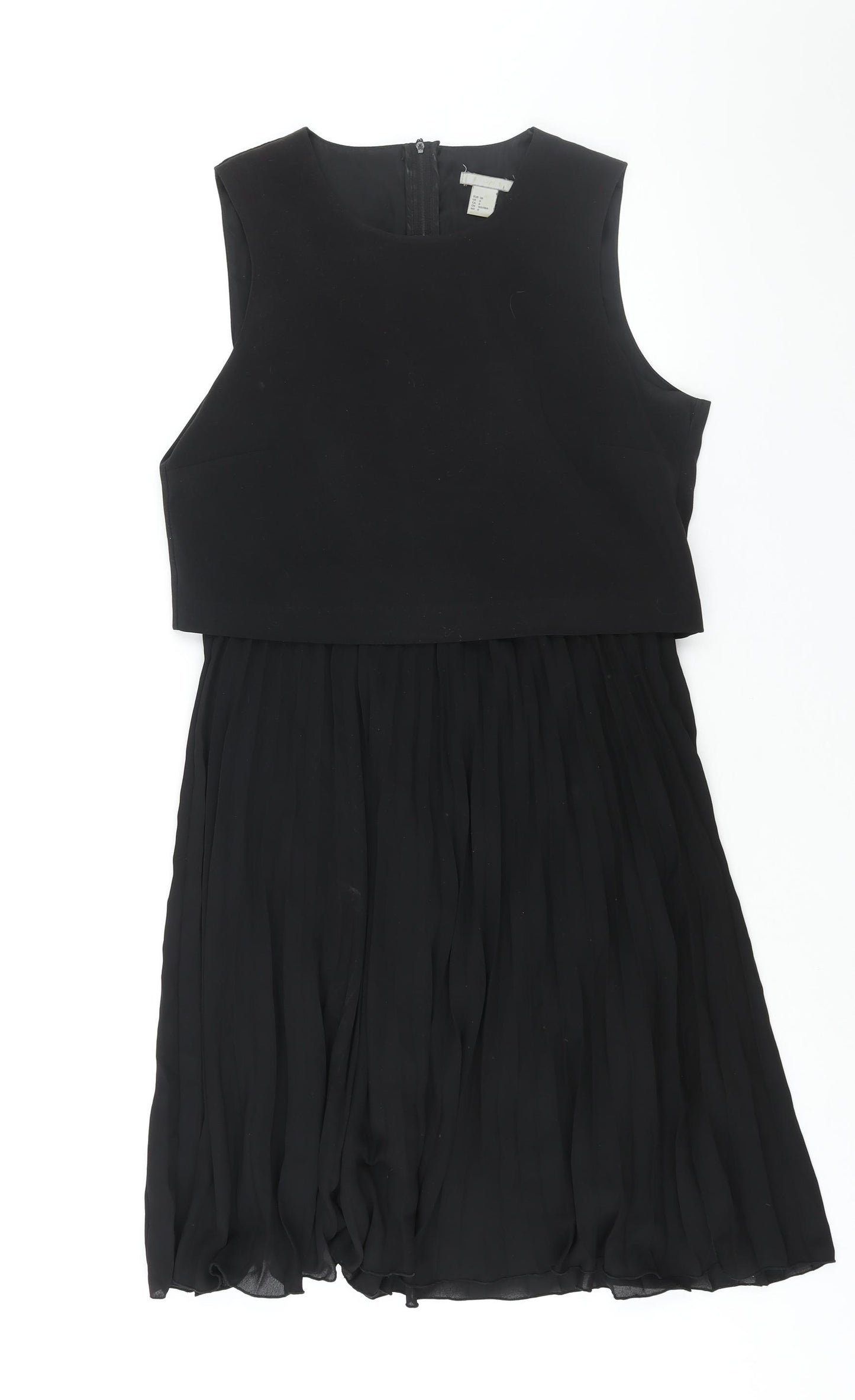 H&M Womens Black Polyester A-Line Size 10 Round Neck Zip - Pleated