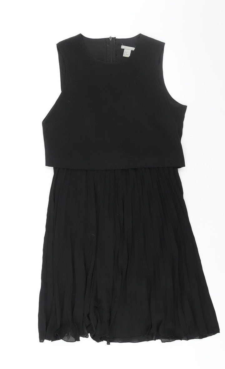 H&M Womens Black Polyester A-Line Size 10 Round Neck Zip - Pleated