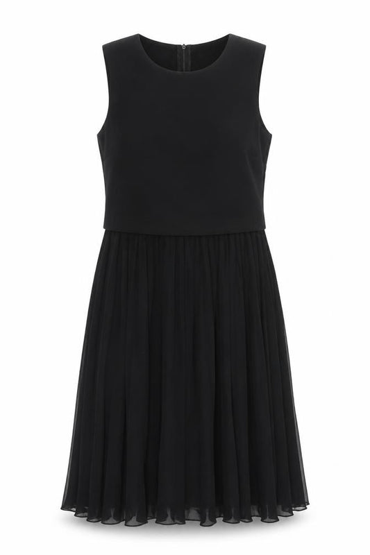 Front view of H&M women’s black polyester a-line, size UK 10, round neck zip - pleated