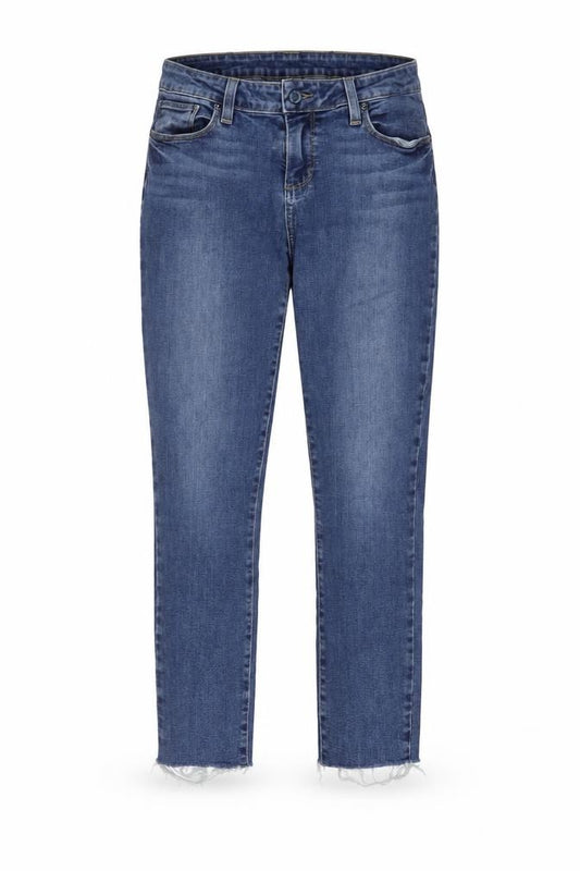 Front view of Paige women’s blue cotton cropped jeans, size UK 29, in, 24-inch leg regular zip