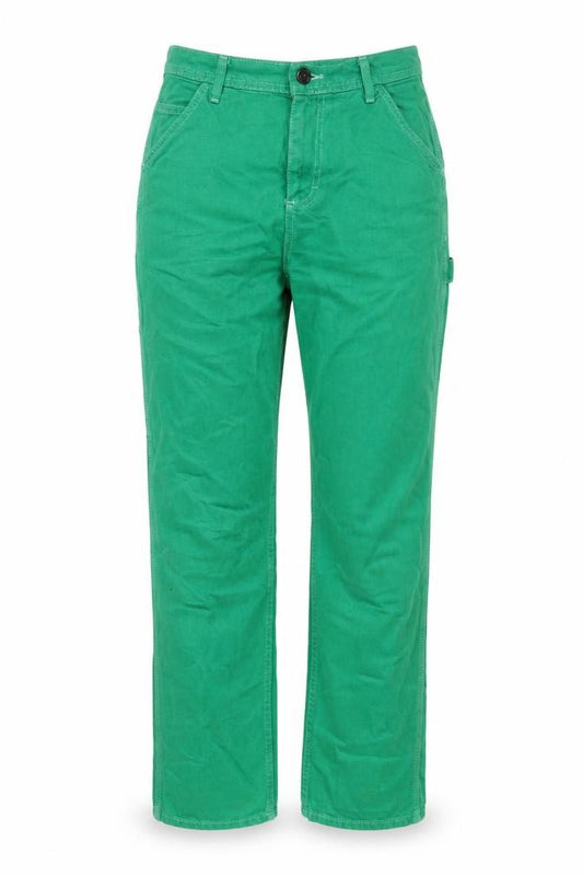Front view of BDG women’s green cotton straight jeans, size UK 26, in, 29-inch leg regular zip
