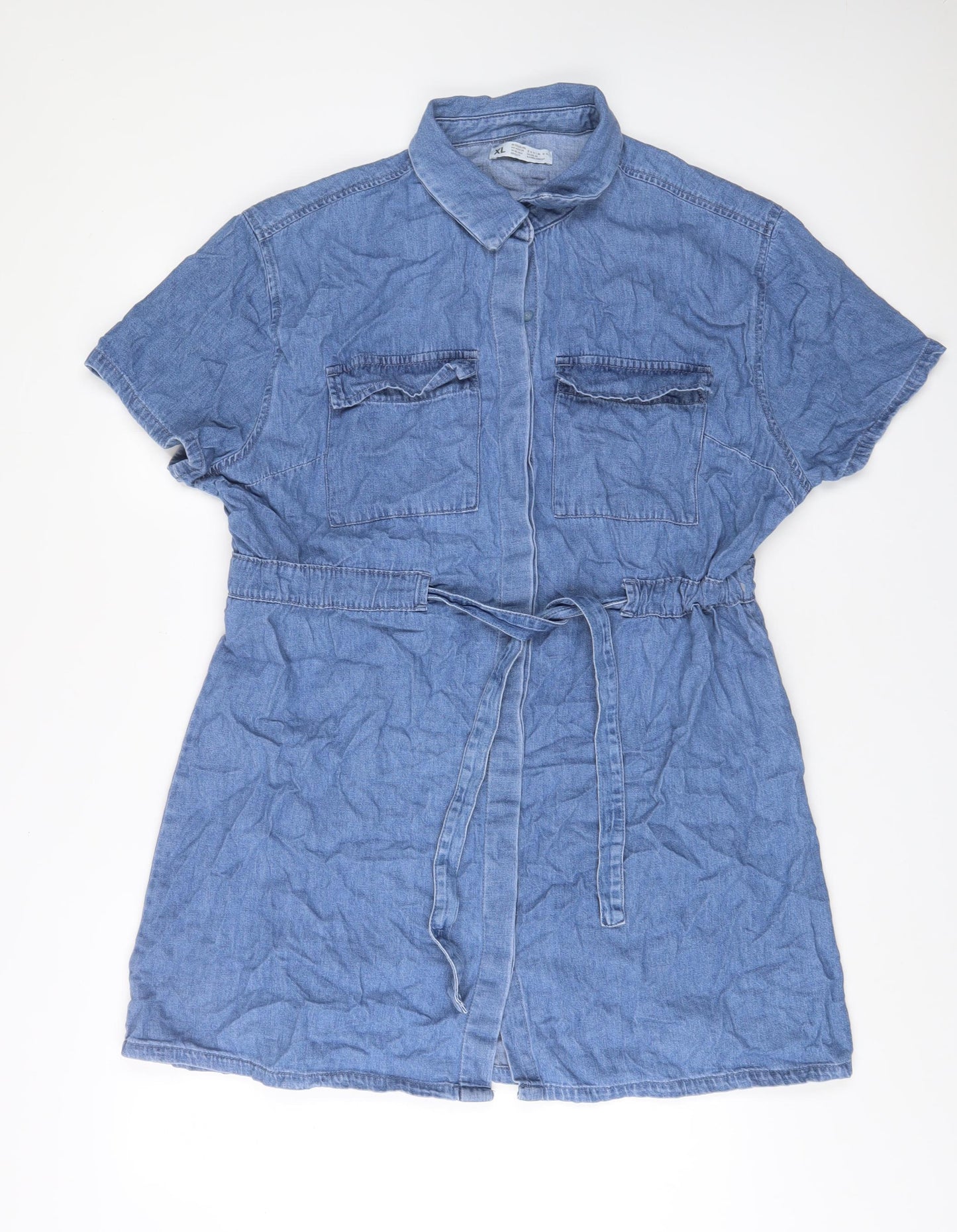 Denim & Co. Womens Blue Cotton A-Line Size XL Collared Button - Belted