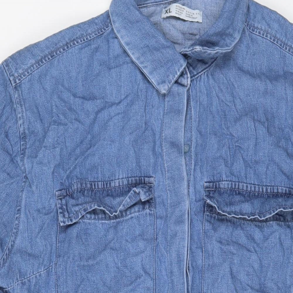 Denim & Co. Womens Blue Cotton A-Line Size XL Collared Button - Belted