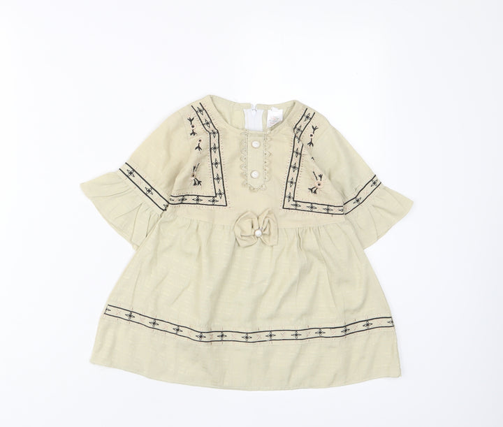 Attitude Girls Beige Fair Isle Cotton A-Line Size 18 Months Crew Neck Zip - Embroidered
