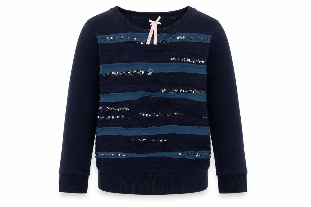 Front view of Next girls’ blue striped cotton pullover sweatshirt, size 7-8, years pullover - sequins