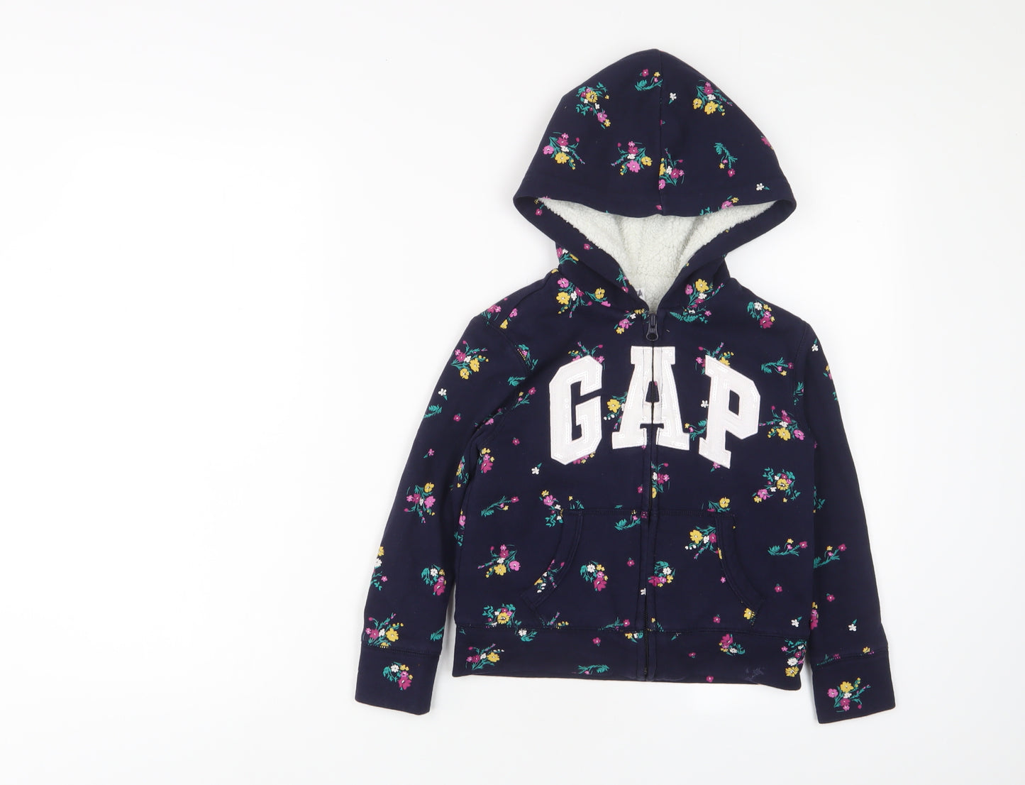 Gap Girls Blue Floral Cotton Full Zip Hoodie Size 6-7 Years Zip - Pockets