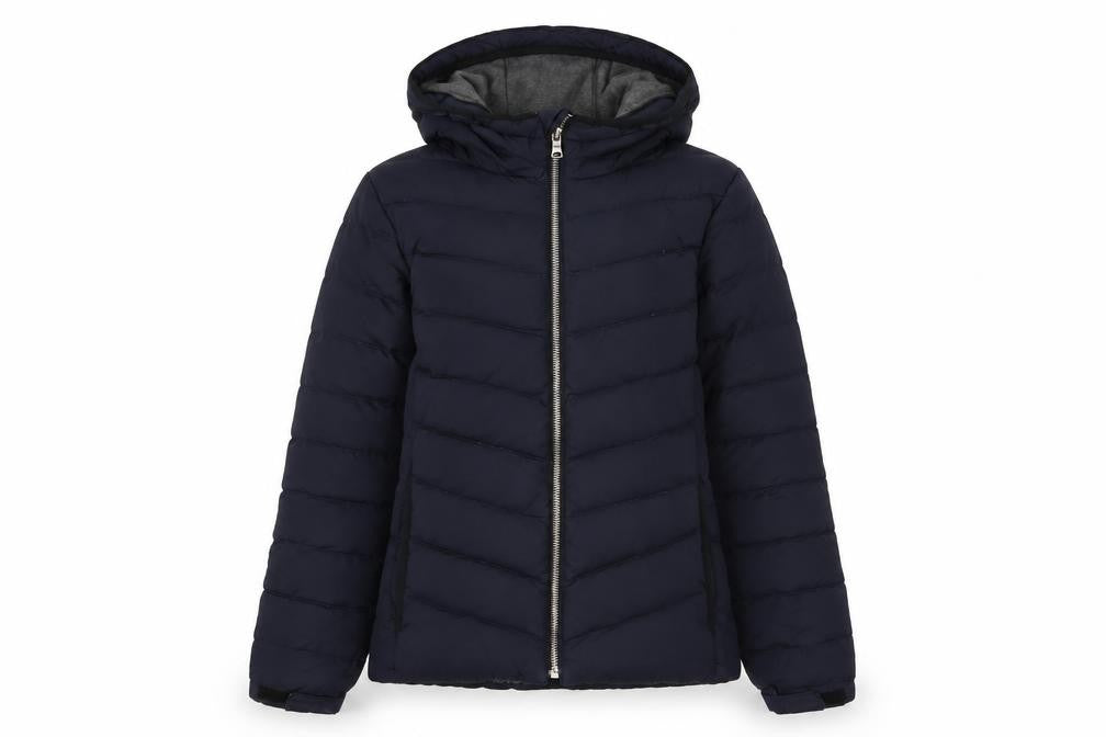 Front view of Gap women’s blue quilted coat, size XS, zip - pockets
