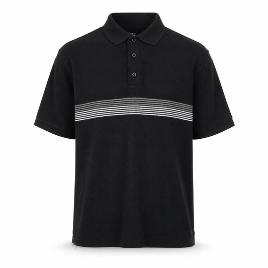 Front view of Gianni Vitoria men’s black striped polyester polo, size M, collared button