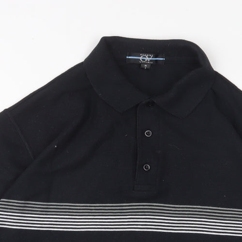 Gianni Vitoria Mens Black Striped Polyester Polo Size M Collared Button