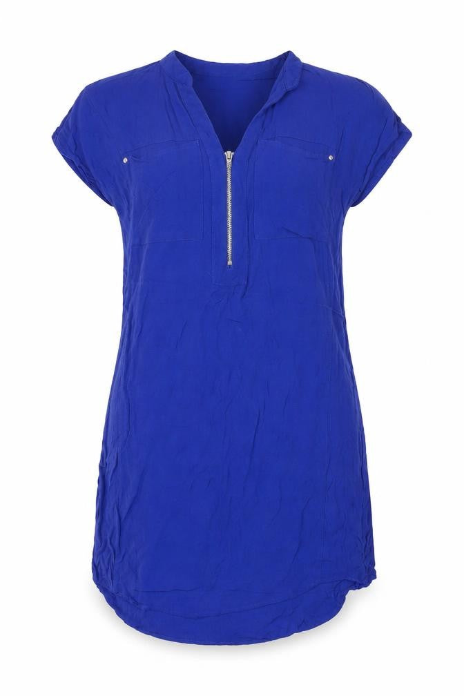 Front view of Warehouse women’s blue viscose a-line, size UK 8, v-neck pullover - zip
