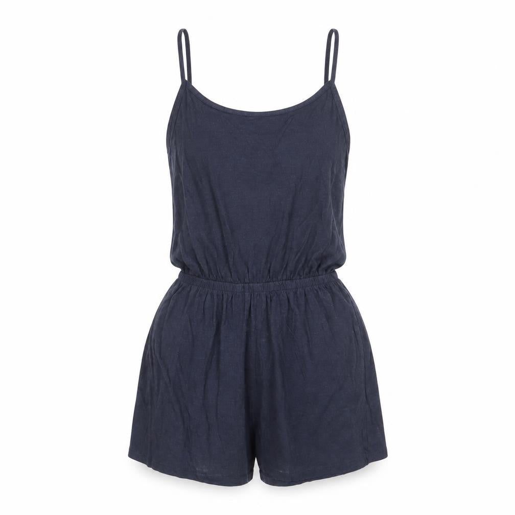 Front view of H&M women’s blue polyester playsuit one-piece, size XS, pullover