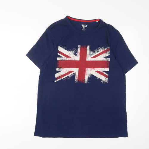 M&Co Mens Blue Cotton T-Shirt Size L Crew Neck - Britain
