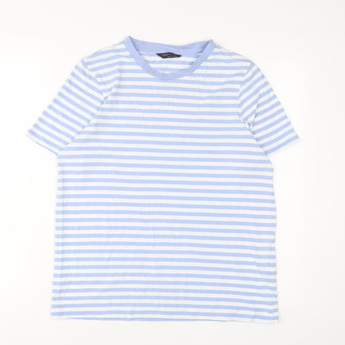 Marks and Spencer Womens Blue Striped Cotton Basic T-Shirt Size 14 Crew Neck