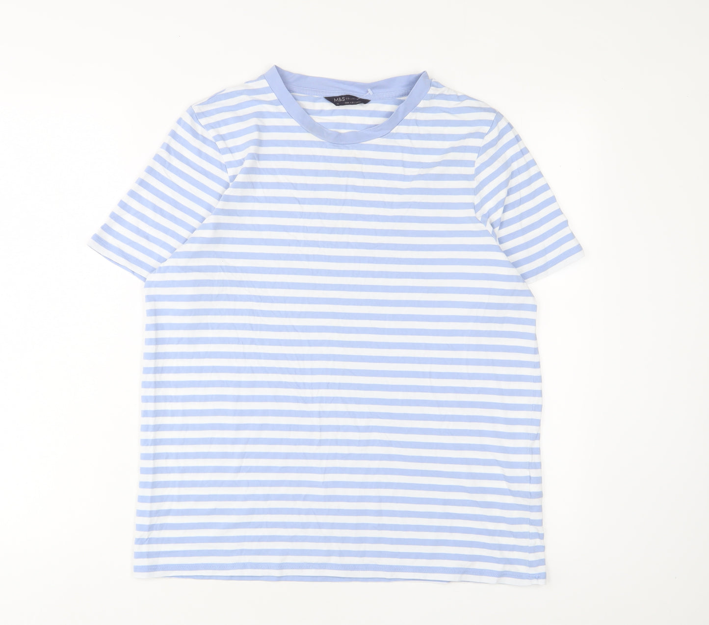 Marks and Spencer Womens Blue Striped Cotton Basic T-Shirt Size 14 Crew Neck