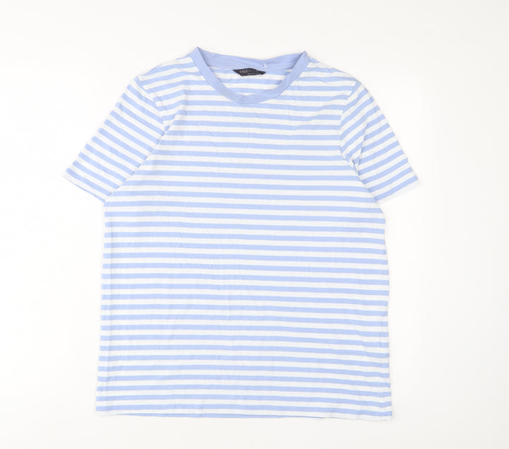 Marks and Spencer Womens Blue Striped Cotton Basic T-Shirt Size 14 Crew Neck