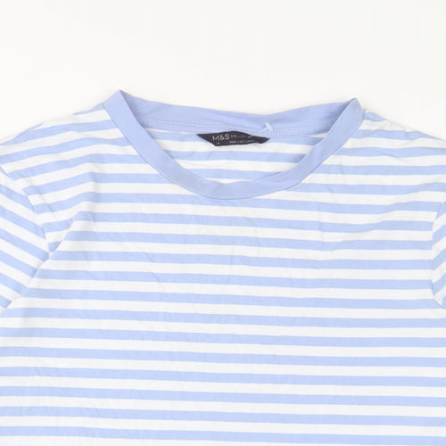 Marks and Spencer Womens Blue Striped Cotton Basic T-Shirt Size 14 Crew Neck