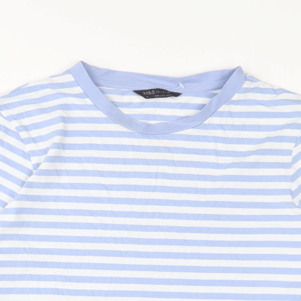 Marks and Spencer Womens Blue Striped Cotton Basic T-Shirt Size 14 Crew Neck