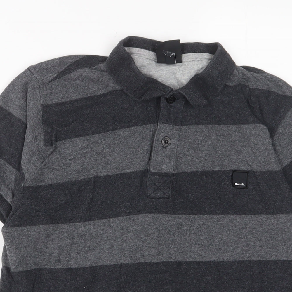 Bench Mens Grey Striped Cotton Polo Size L Collared Button