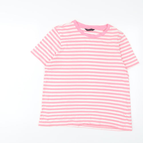 Marks and Spencer Womens Pink Striped Cotton Basic T-Shirt Size 14 Crew Neck