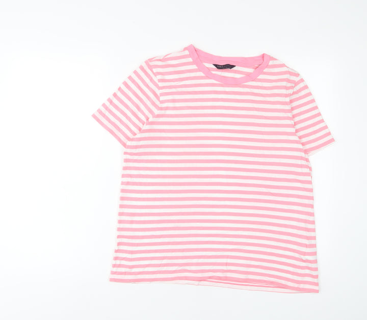 Marks and Spencer Womens Pink Striped Cotton Basic T-Shirt Size 14 Crew Neck