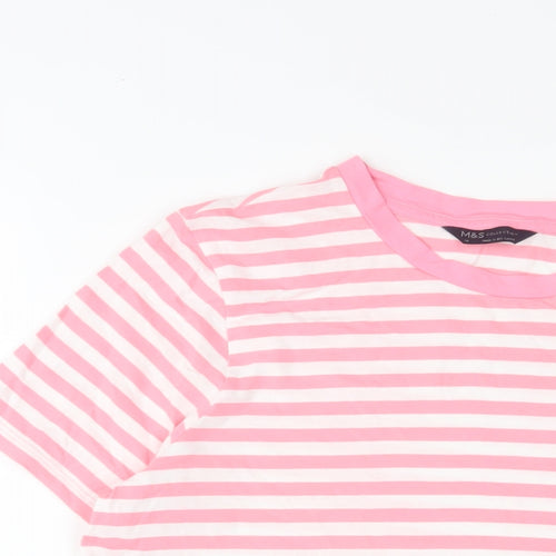 Marks and Spencer Womens Pink Striped Cotton Basic T-Shirt Size 14 Crew Neck