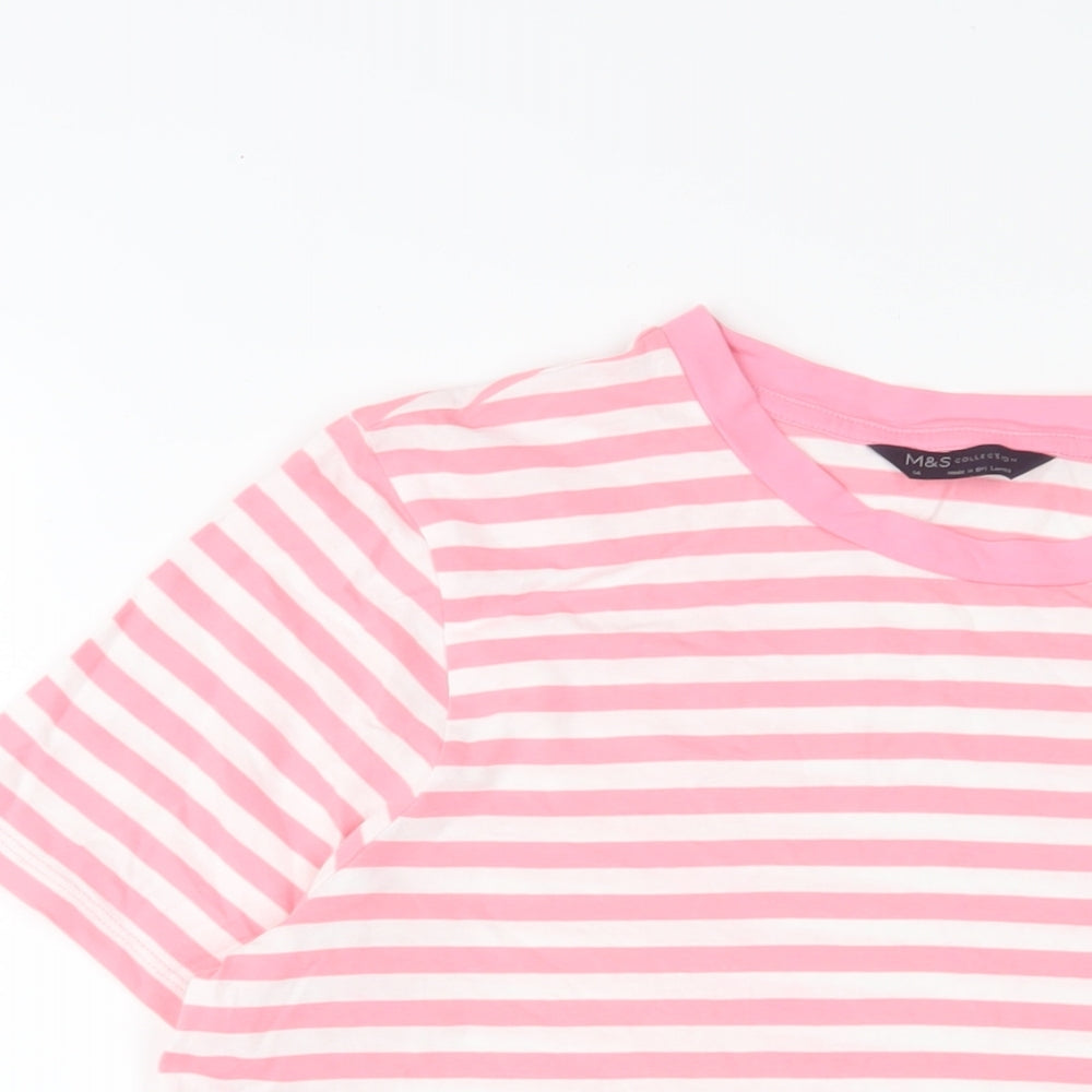 Marks and Spencer Womens Pink Striped Cotton Basic T-Shirt Size 14 Crew Neck