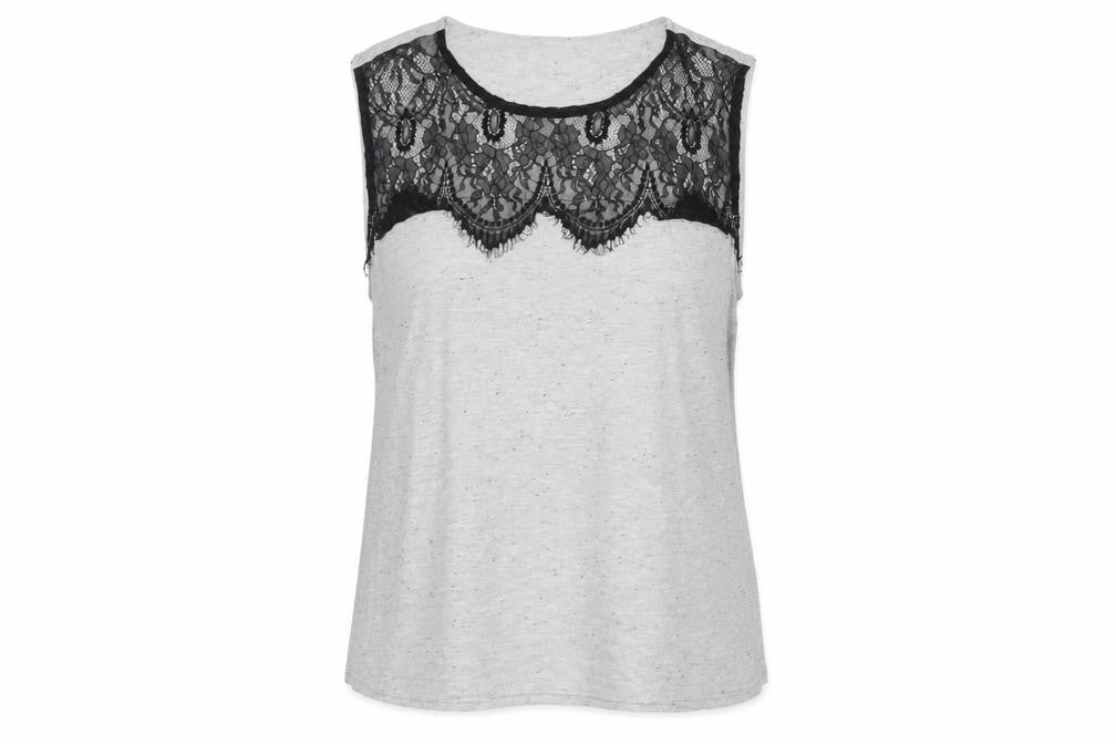 Front view of Topshop women’s grey polyester basic tank, size UK 10, boat neck - lace