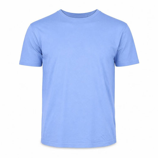 Front view of Atlantic Bay men’s blue cotton t-shirt, size M, crew neck