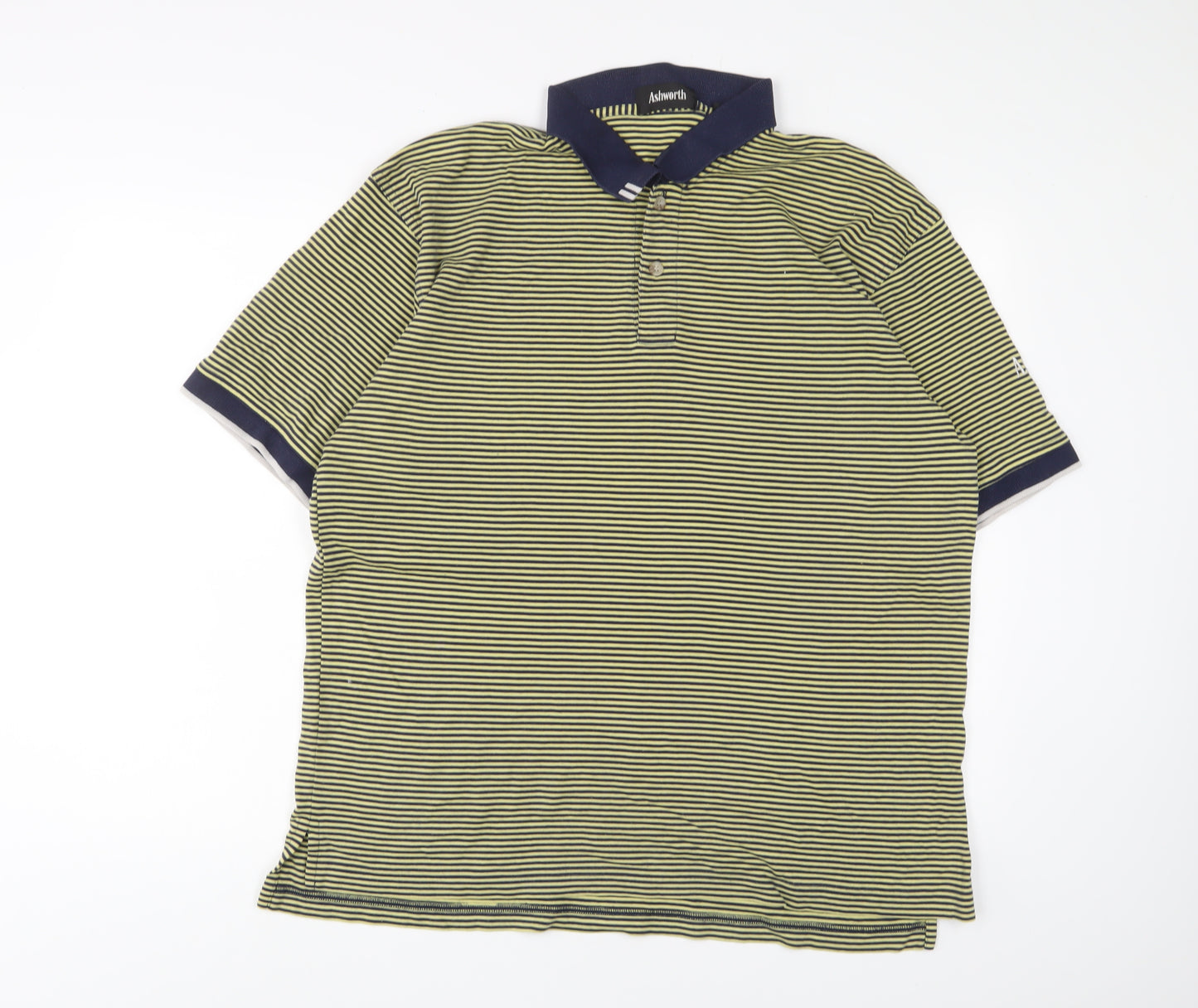 Ashworth Mens Yellow Striped Cotton Polo Size L Collared Button