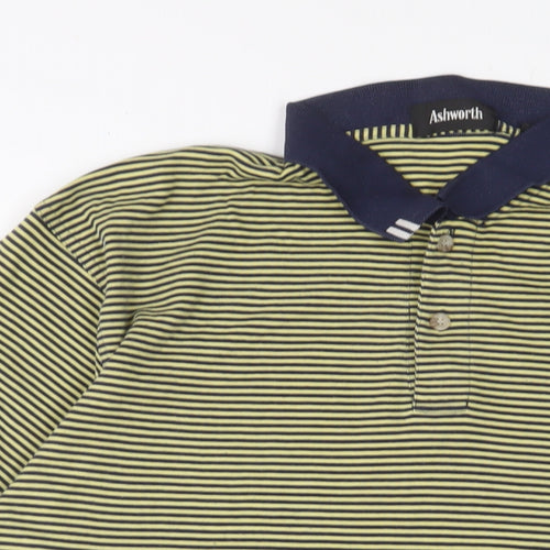 Ashworth Mens Yellow Striped Cotton Polo Size L Collared Button