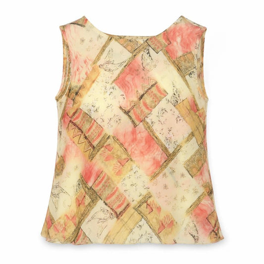 Front view of Damart women’s multicoloured geometric viscose basic tank, size UK 14, round neck