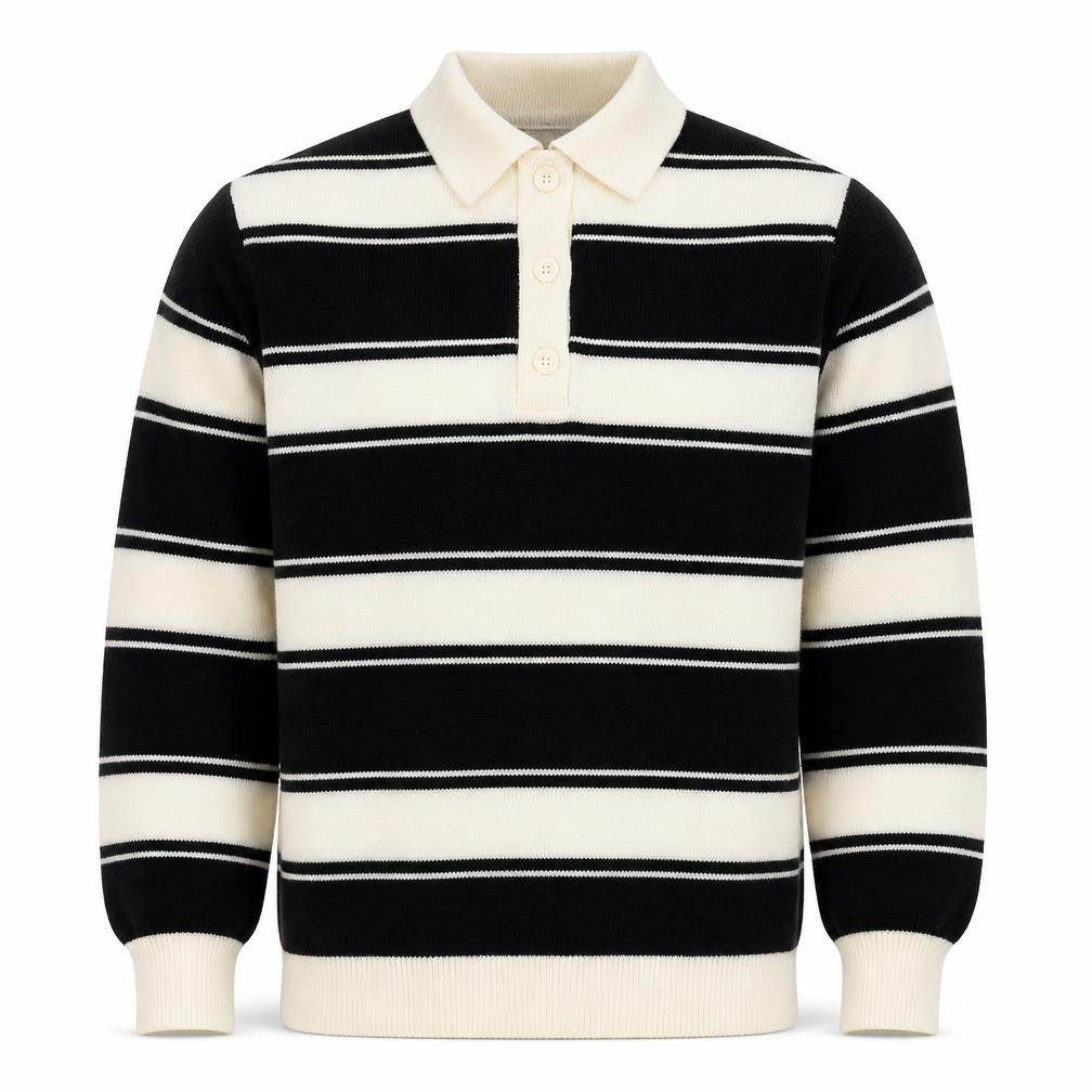Front view of Divided by H&M men’s multicoloured collared striped acrylic jumper, size S, long sleeve