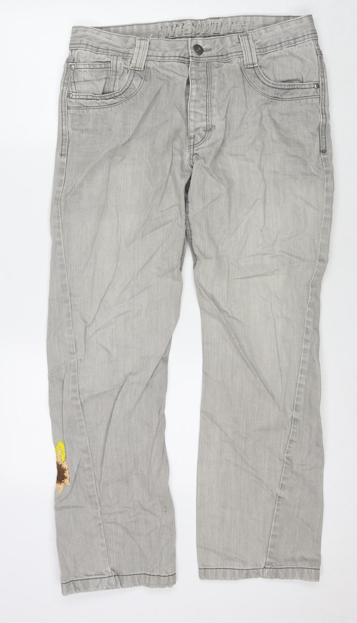 Twisted Womens Grey Cotton Straight Jeans Size 34 in L30 in Regular Zip - Embraided Flowers