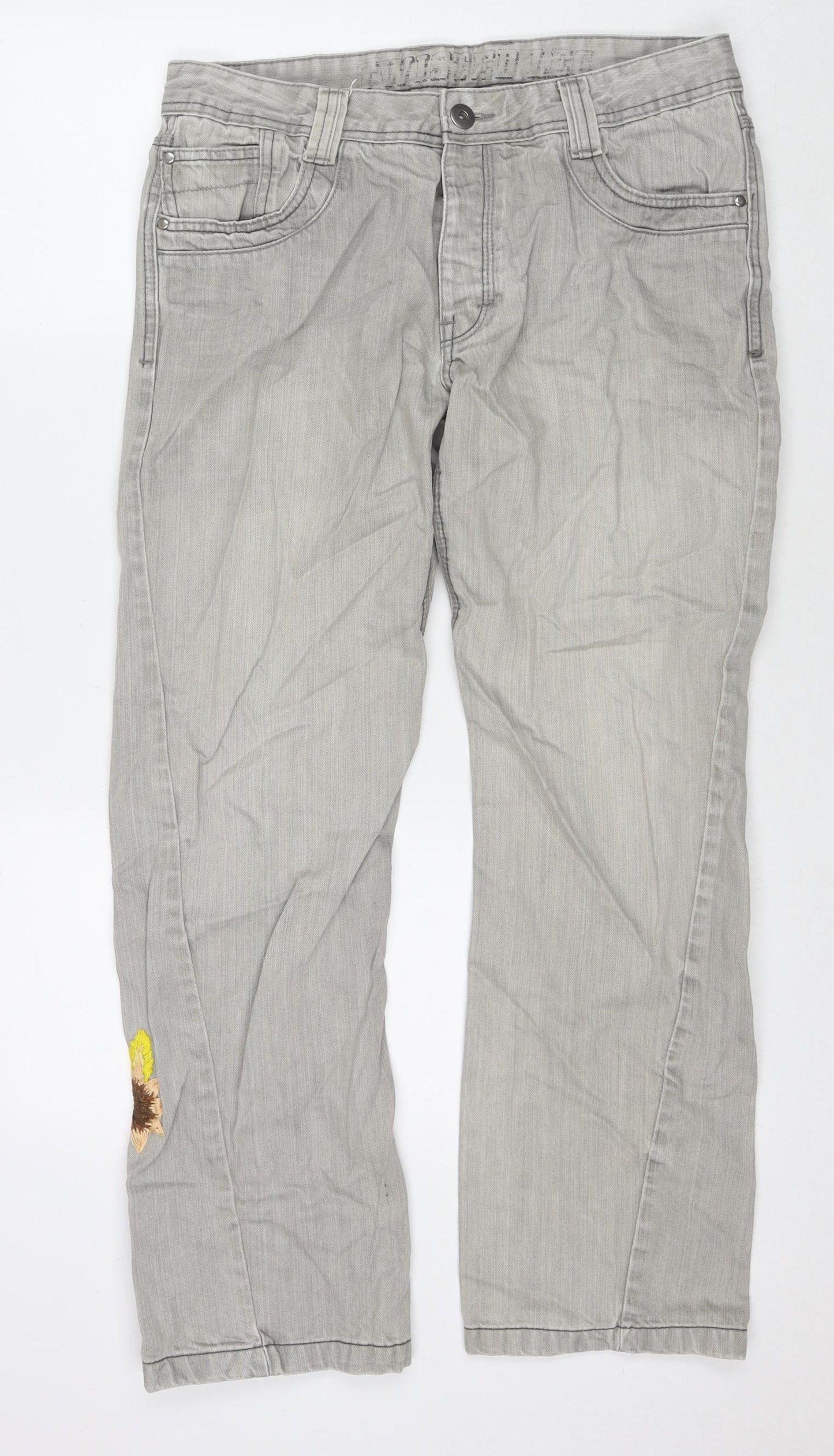 Twisted Womens Grey Cotton Straight Jeans Size 34 in L30 in Regular Zip - Embraided Flowers