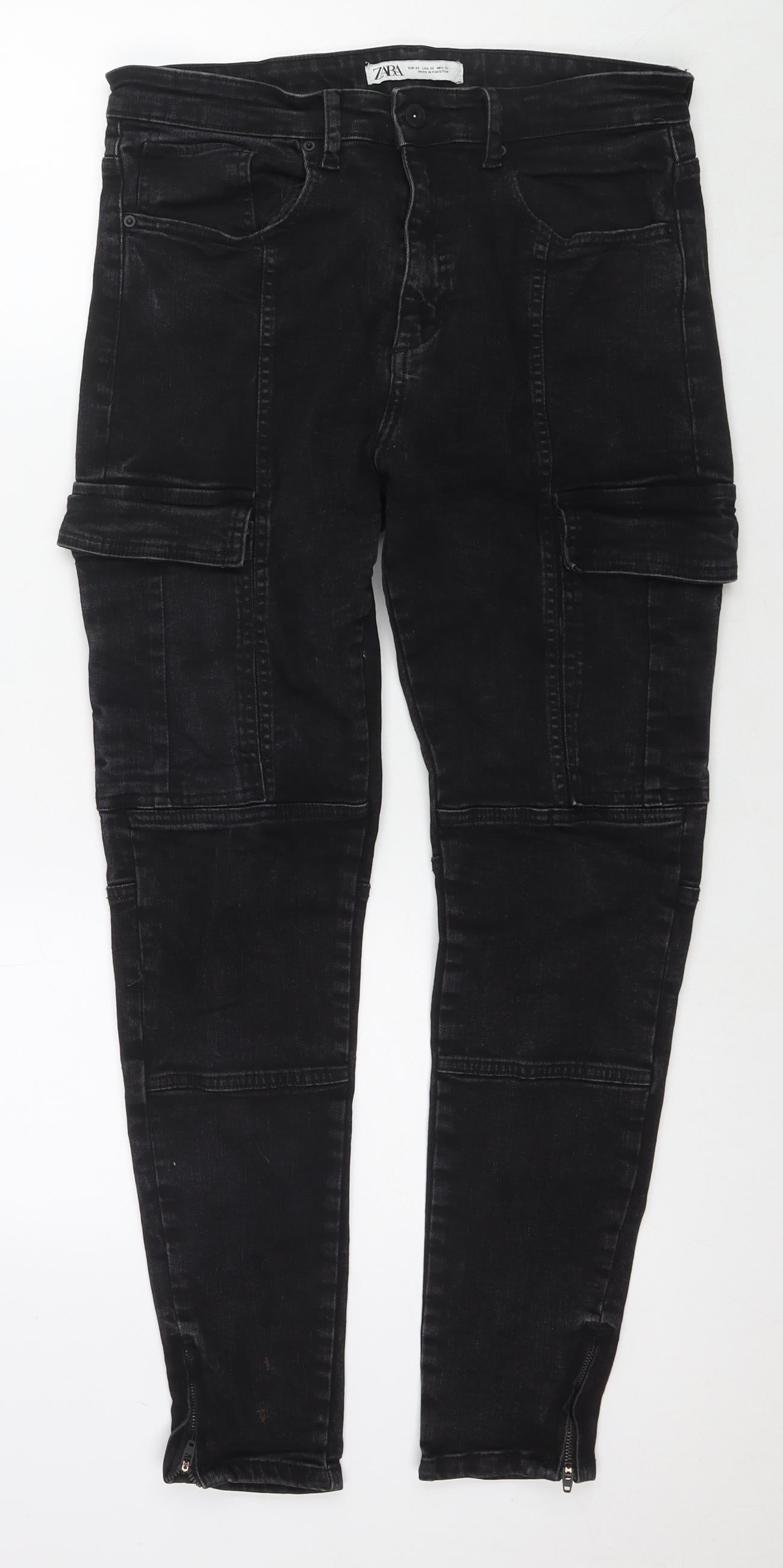 Zara Womens Black Cotton Straight Jeans Size 14 L27 in Regular Zip - Cargo Style