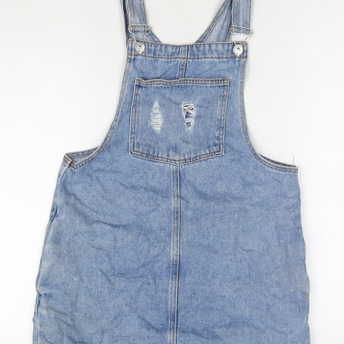 Pull&Bear Womens Blue Cotton Pinafore/Dungaree Dress Size S Square Neck Button