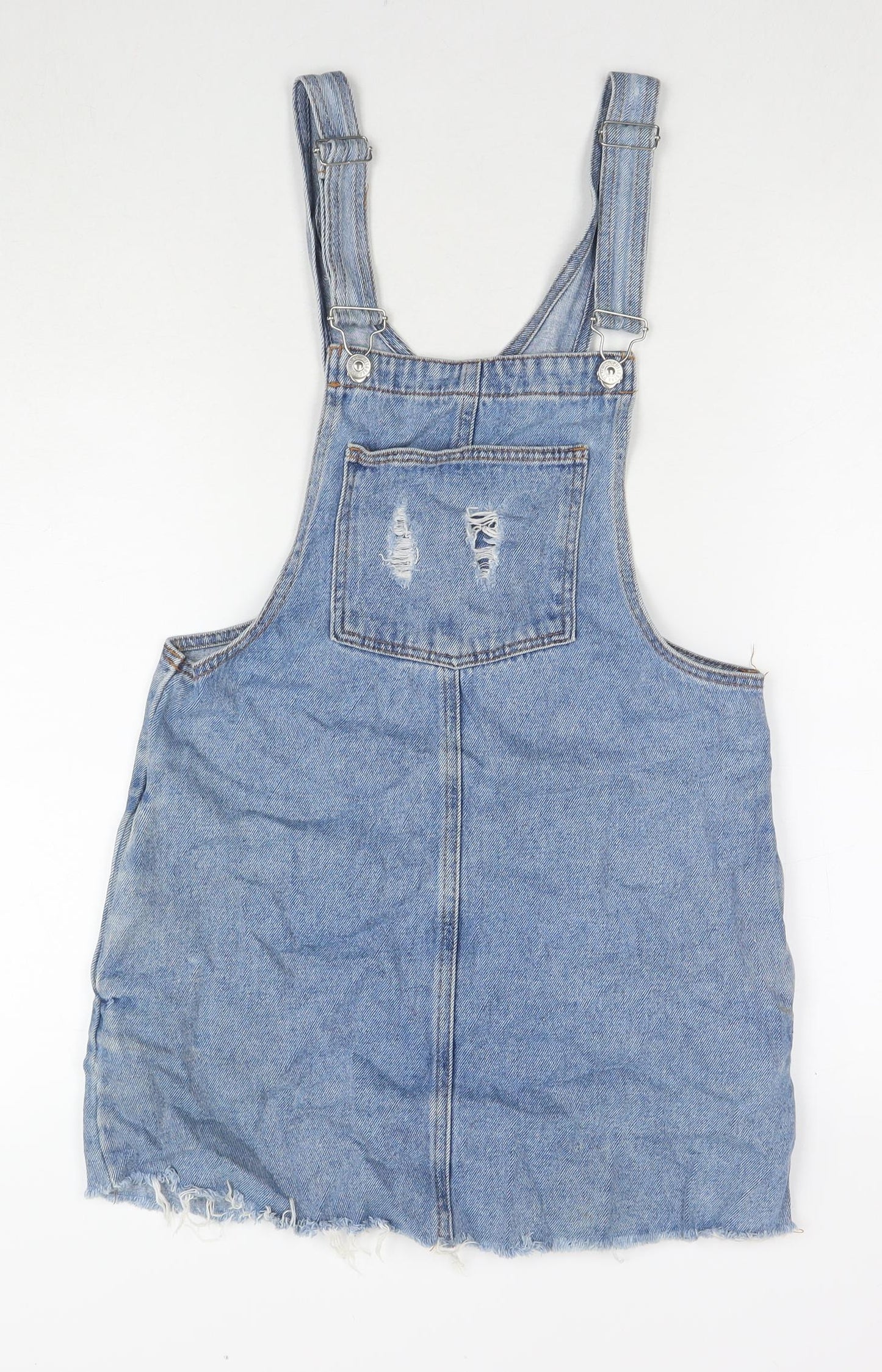 Pull&Bear Womens Blue Cotton Pinafore/Dungaree Dress Size S Square Neck Button