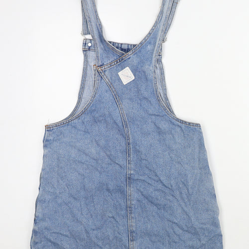 Pull&Bear Womens Blue Cotton Pinafore/Dungaree Dress Size S Square Neck Button