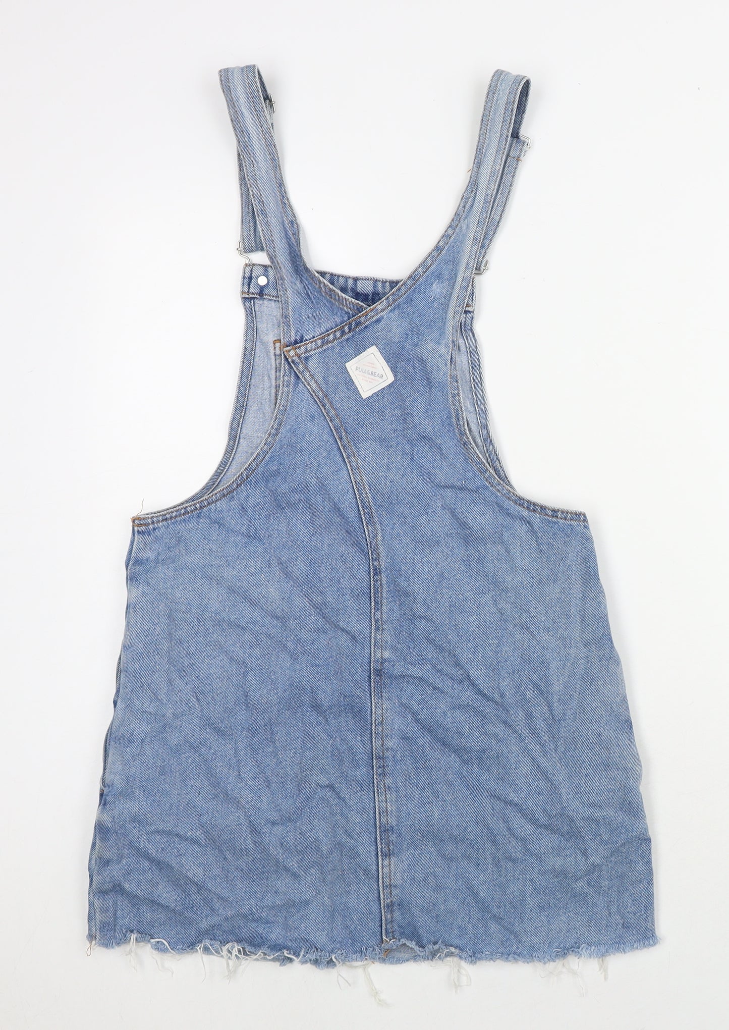 Pull&Bear Womens Blue Cotton Pinafore/Dungaree Dress Size S Square Neck Button