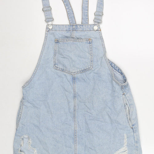 Denim & Co. Womens Blue Cotton Pinafore/Dungaree Dress Size 10 Square Neck Button - Distressed