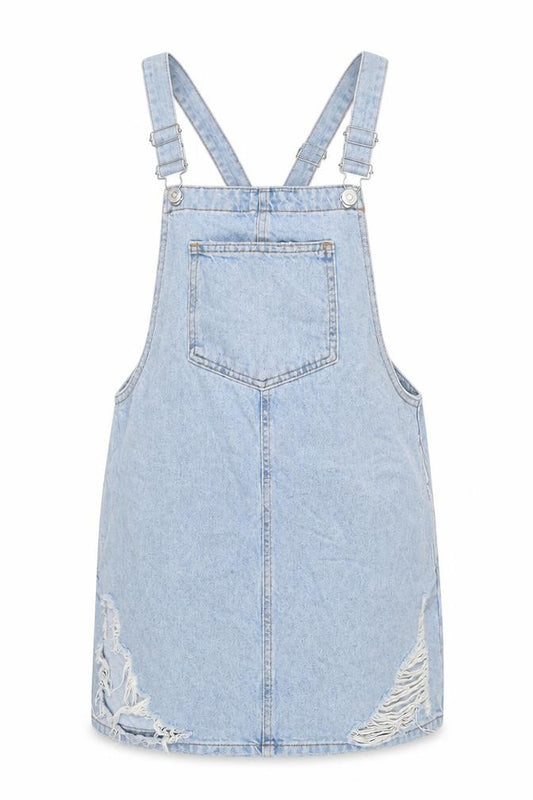 Front view of Denim & Co. women’s blue cotton pinafore/dungaree dress, size UK 10, square neck button - distressed
