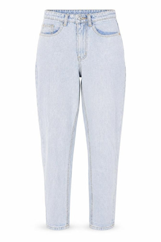 Front view of PRETTYLITTLETHING women’s blue cotton mom jeans, size UK 6, 27-inch leg regular zip