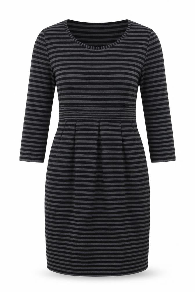 Front view of Kaliko women’s grey striped polyester a-line, size UK 8, round neck pullover
