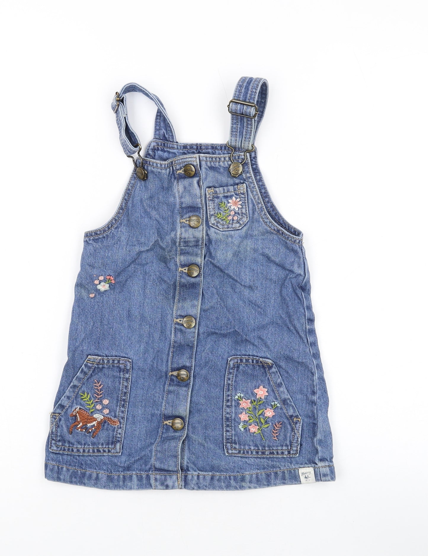 MANTARAY PRODUCTS Girls Blue Floral Cotton Pinafore/Dungaree Dress Size 5 Years Square Neck Hook & Eye