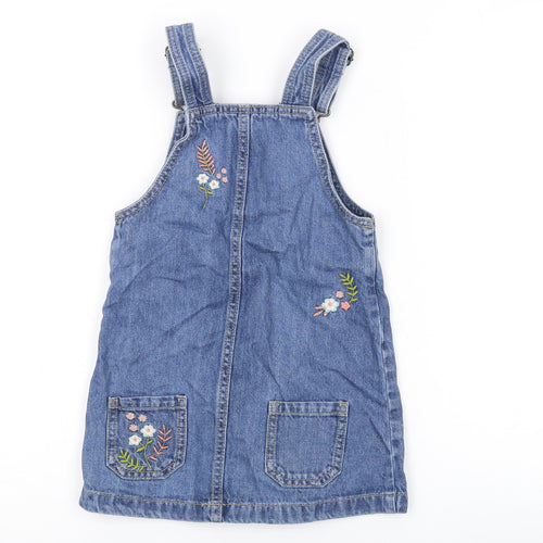 MANTARAY PRODUCTS Girls Blue Floral Cotton Pinafore/Dungaree Dress Size 5 Years Square Neck Hook & Eye