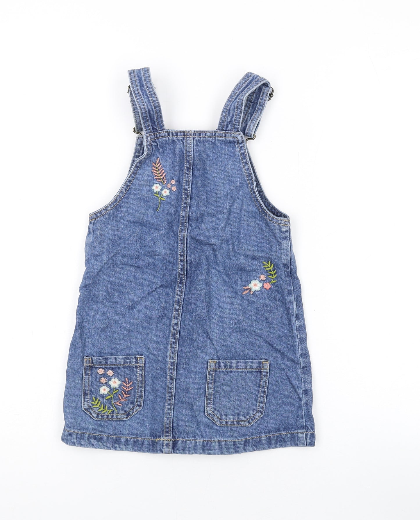 MANTARAY PRODUCTS Girls Blue Floral Cotton Pinafore/Dungaree Dress Size 5 Years Square Neck Hook & Eye